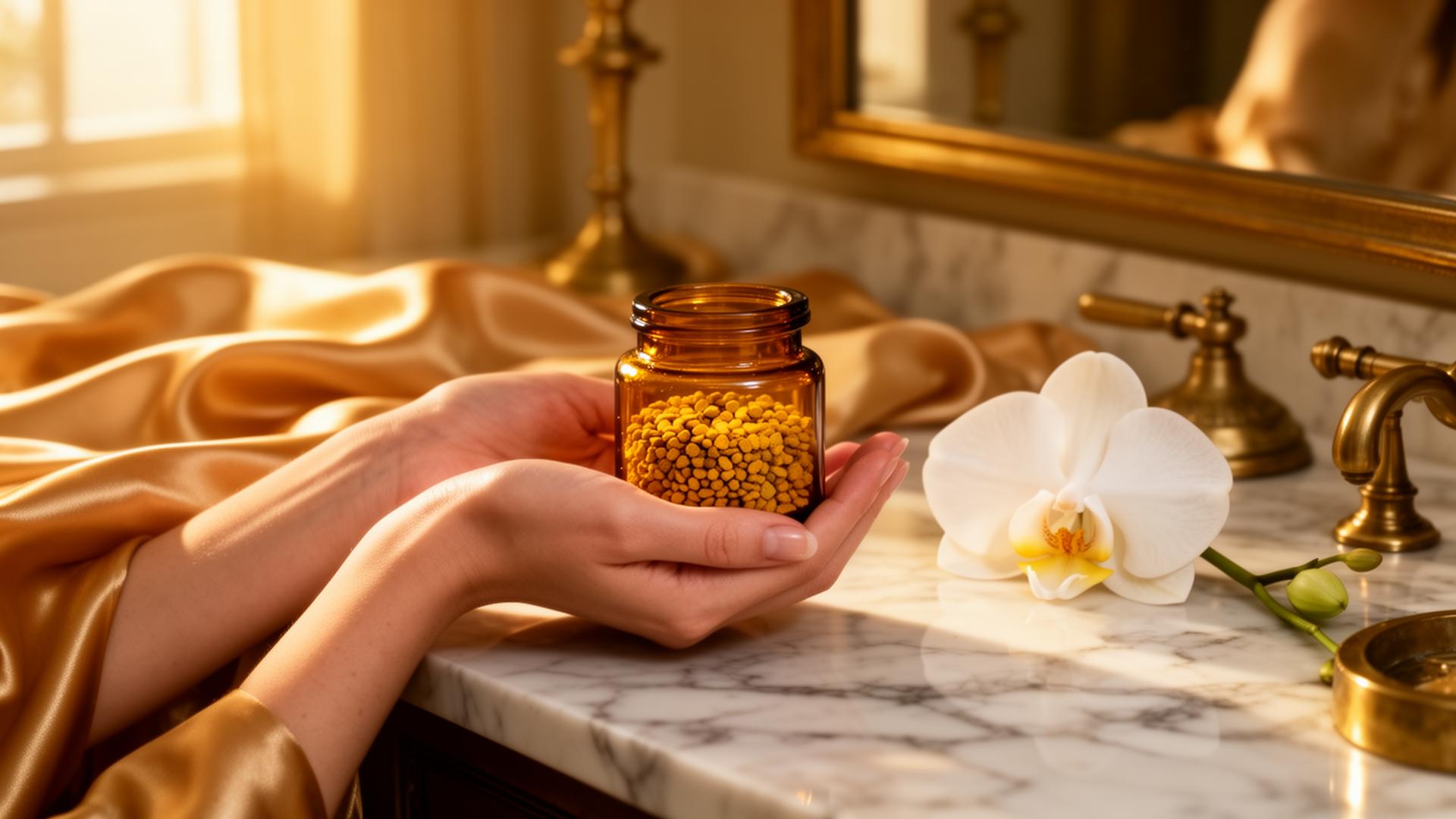 Hands cradling amber jar of Kiin bee pollen on marble vanity