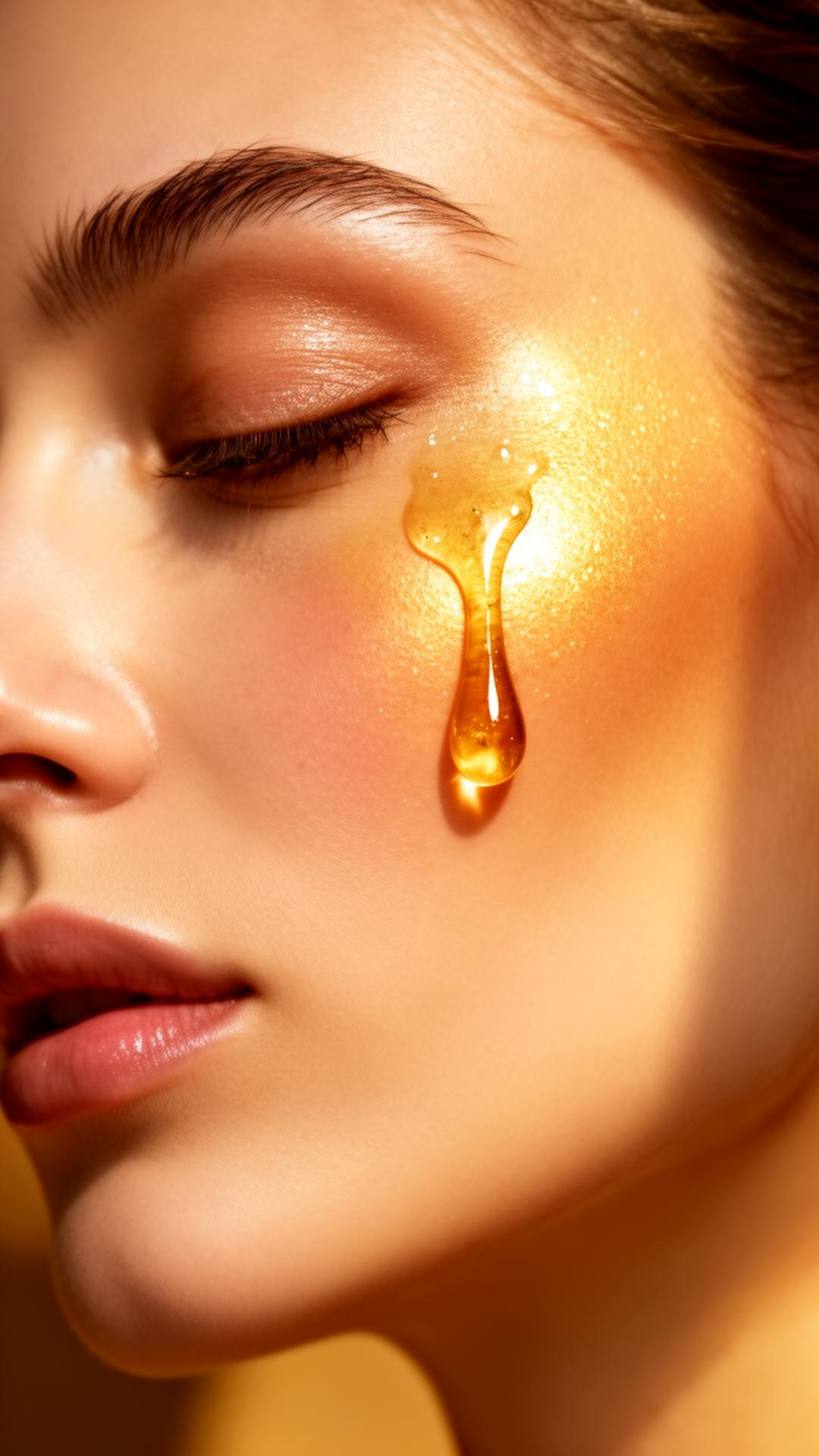 Close-up of woman's face with honey drop